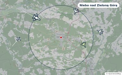Mapa okolic miasta z sylwetkami samolotów — Niebo nad Zieloną Górą na żywo