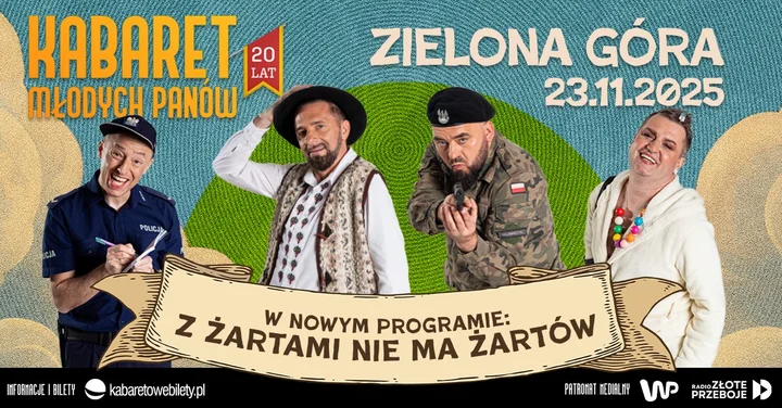 Obrazek przedstawia grafikę promocyjną wydarzenia Kabaret Młodych Panów świętuje 20-lecie w Zielonej Górze