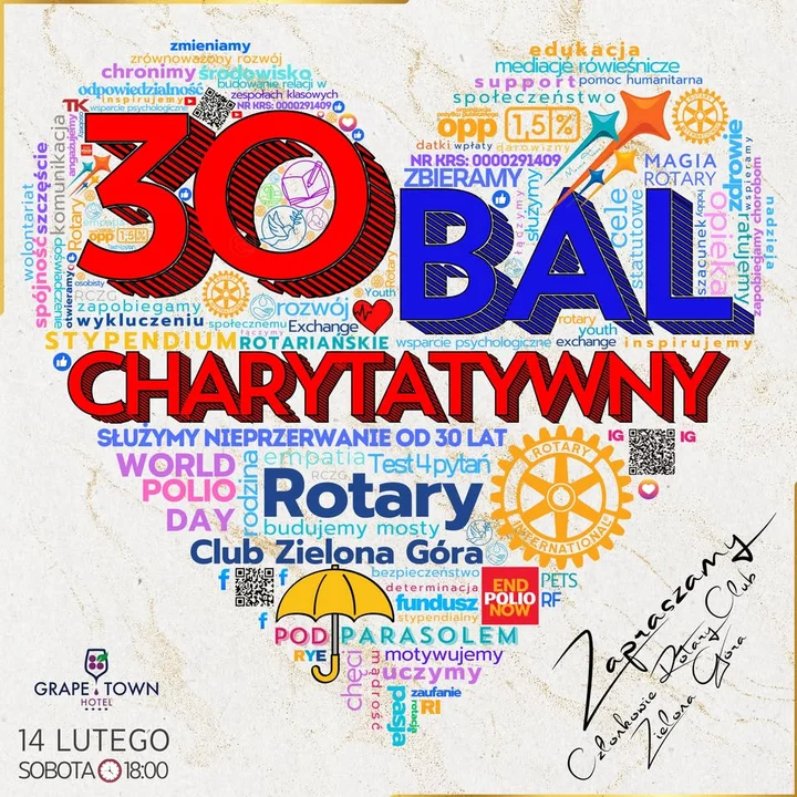 Grafika promocyjna wydarzenia 30. Bal Charytatywny Rotary Club Zielona Góra — walentynkowy wieczór z misją