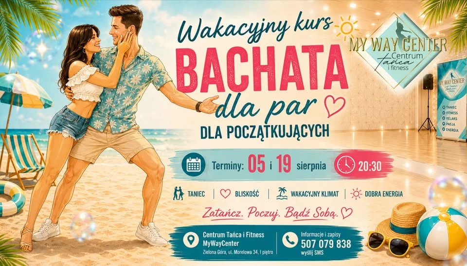 Grafika promocyjna wydarzenia BACHATA dla par początkujących – kurs wakacyjny