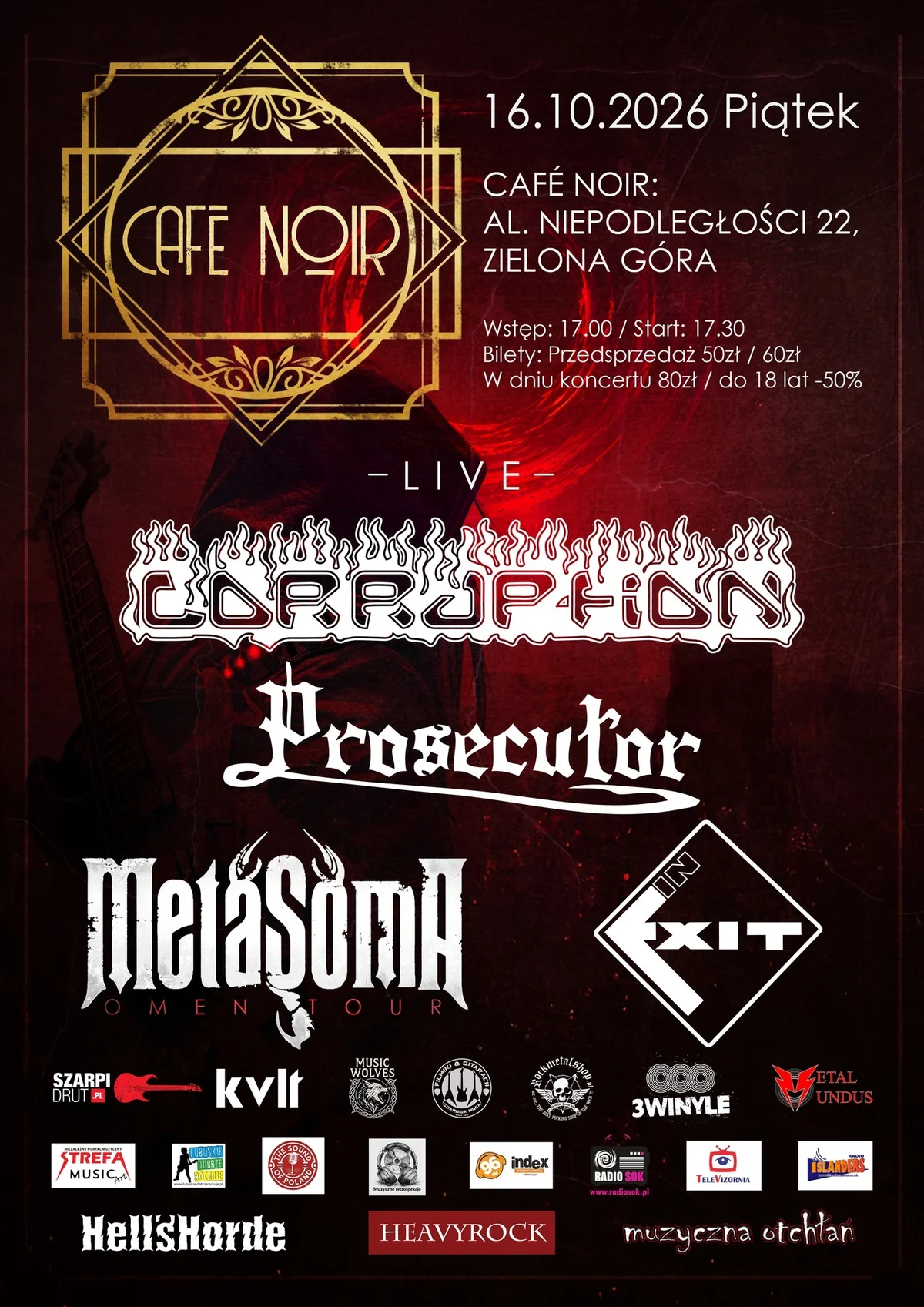 Grafika promocyjna wydarzenia CORRUPTION, Prosecutor, Metasoma, In Exit – metalowy koncert