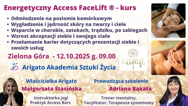 Obrazek przedstawia grafikę promocyjną wydarzenia Kurs Access Facelift® w Zielonej Górze — szkolenie z praktyki zabiegu energetycznego