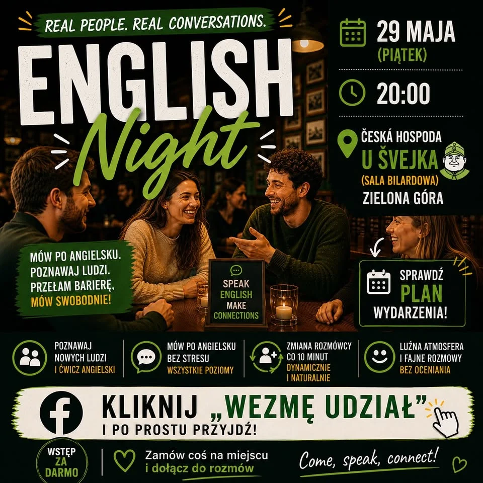 Grafika promocyjna wydarzenia English Night May Edition w Zielonej Górze – luźny wieczór rozmów po angielsku