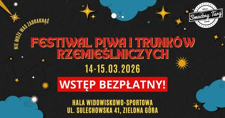 Grafika promocyjna wydarzenia Festiwal Piwa i Trunków Rzemieślniczych Zielona Góra — krafty, cydr i wino w jednym miejscu