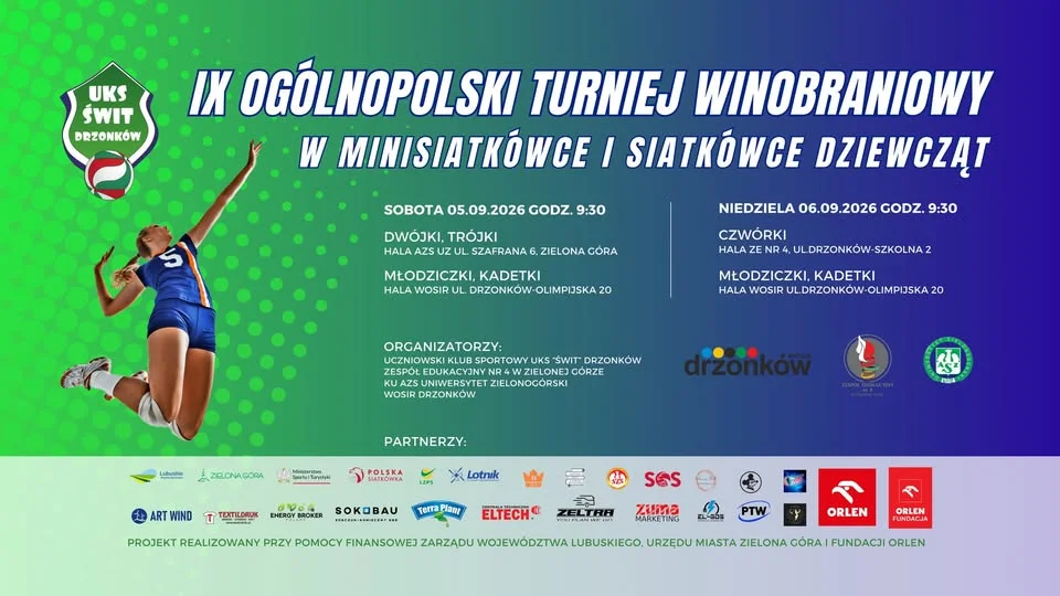 Grafika promocyjna wydarzenia IX Ogólnopolski Turniej Winobraniowy w Minisiatkówce Dziewcząt – Zielona Góra 2026