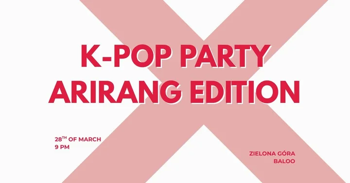 Grafika promocyjna wydarzenia K-POP PARTY: BTS Arirang Edition – noc koreańskich emocji w Baloo Zielona Góra