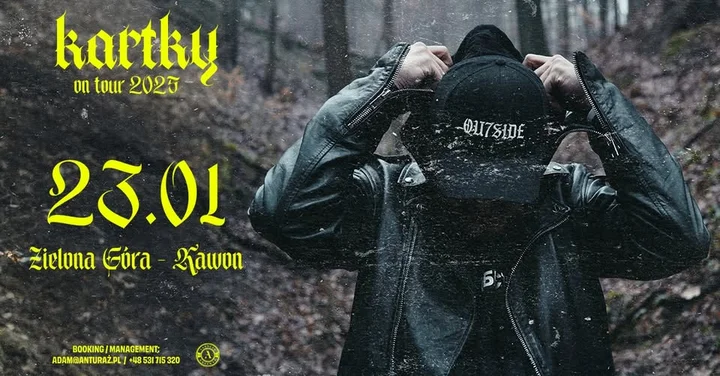 Obrazek przedstawia grafikę promocyjną wydarzenia Koncert Kartkyego w Kawonie w Zielonej Górze