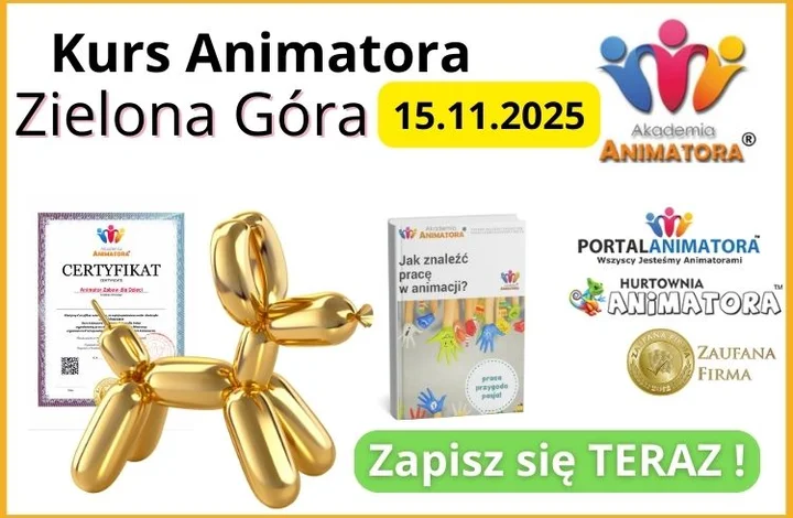 Obrazek przedstawia grafikę promocyjną wydarzenia Kurs Animatora Zabaw dla Dzieci w Zielonej Górze