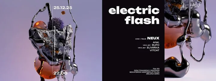 Grafika promocyjna wydarzenia LVII ELECTRIC FLASH — noc intensywnej muzyki elektronicznej w Zielonej Górze