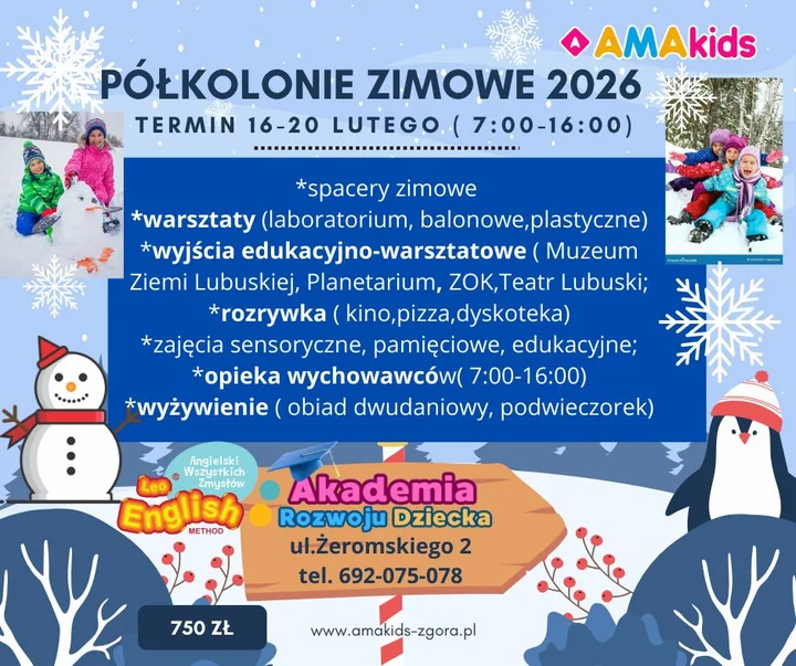 Grafika promocyjna wydarzenia Półkolonie Zimowe 2026 w Akademii Rozwoju Dziecka