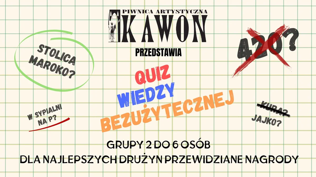 Grafika promocyjna wydarzenia PUBQUIZ w Kawonie – quiz wiedzy