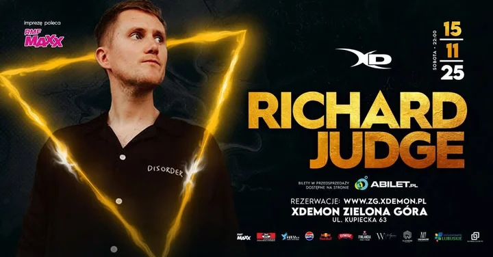 Obrazek przedstawia grafikę promocyjną wydarzenia Koncert Richarda Judge’a w klubie X-DEMON w Zielonej Górze