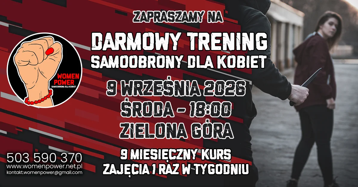 Grafika promocyjna wydarzenia Samoobrona dla Kobiet – darmowy trening w Zielonej Górze