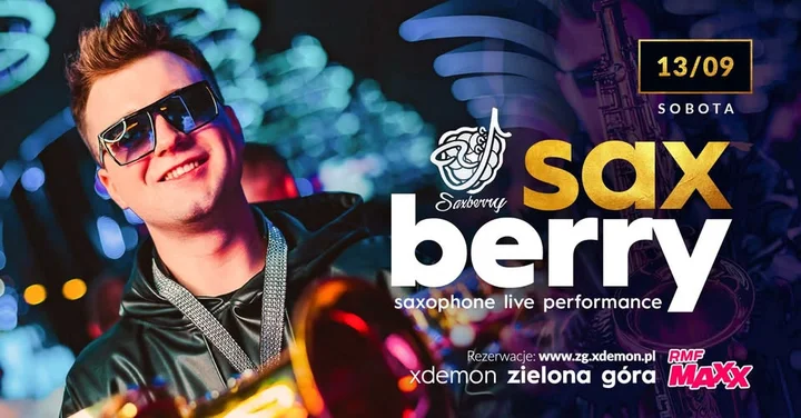 Obrazek przedstawia grafikę promocyjną wydarzenia Saksofon na żywo w klubie X-Demon — występ SAXBERRY