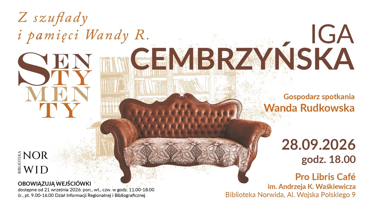Grafika promocyjna wydarzenia Sentymenty. Iga Cembrzyńska – spotkanie wspomnieniowe