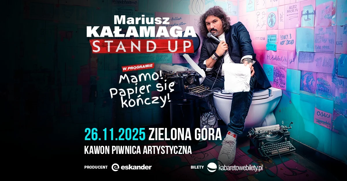 Grafika promocyjna wydarzenia Stand-up z Mariuszem Kałamagą w Zielonej Górze