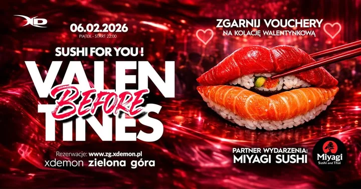 Grafika promocyjna wydarzenia SUSHI FOR YOU! – przedwalentynkowa impreza w X-Demon Zielona Góra