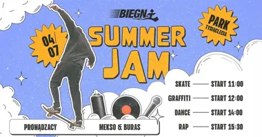 Grafika promocyjna wydarzenia BIEGNi Summer Jam 2026 w Zielonej Górze. Skate, graffiti, taniec i rap na letni start lipca