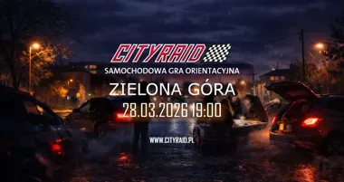 Grafika promocyjna wydarzenia CITYRAID Zielona Góra: samochodowa gra orientacyjna z nagrodami
