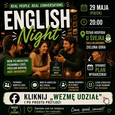Grafika promocyjna wydarzenia English Night May Edition w Zielonej Górze – luźny wieczór rozmów po angielsku