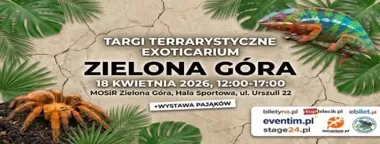 Grafika promocyjna wydarzenia Exoticarium-Zielona Góra i wystawa pająków: terrarystyczne targi pełne egzotycznych zwierząt