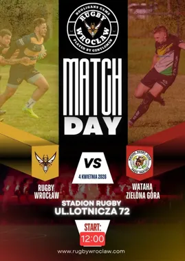 Grafika promocyjna wydarzenia KS Rugby Wrocław – Wataha RC Zielona Góra. Mecz I Ligi Rugby na Lotniczej