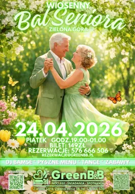 Grafika promocyjna wydarzenia Wiosenny Bal Seniora w Green B&B w Zielonej Górze – taneczny wieczór z wiosennym klimatem