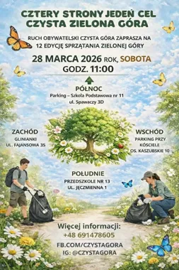 Grafika promocyjna wydarzenia XII CZYSTA GÓRA — Cztery strony, jeden cel: Czysta Zielona Góra