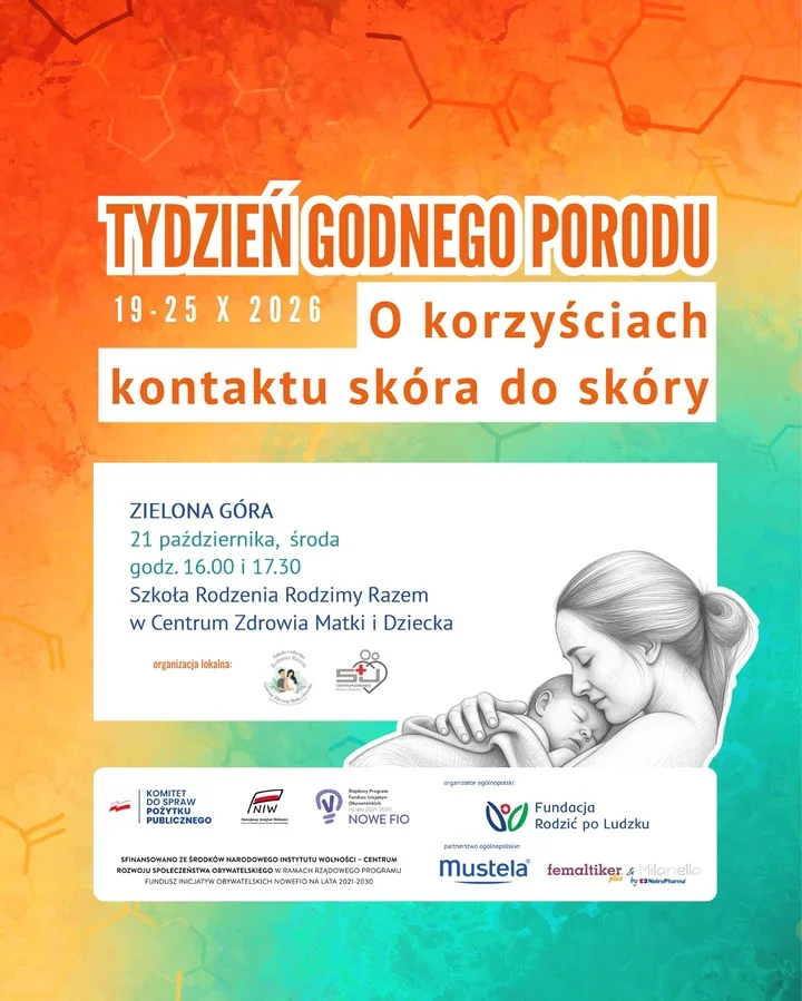 Grafika promocyjna wydarzenia Tydzień Godnego Porodu – spotkanie o korzyściach kontaktu skóra do skóry