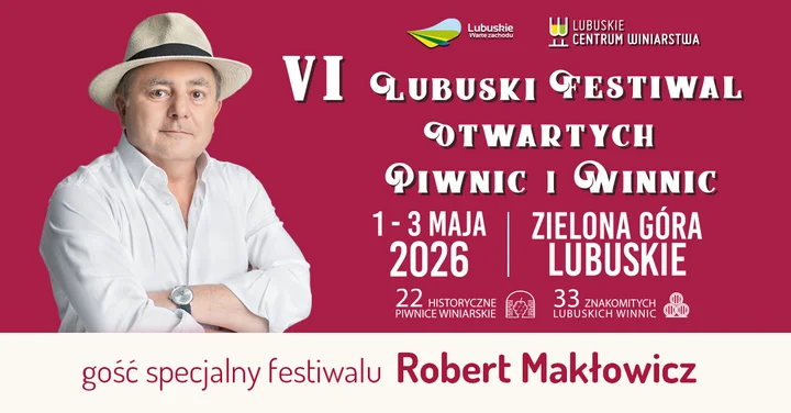 Grafika promocyjna wydarzenia VI Lubuski Festiwal Otwartych Piwnic i Winnic w Zielonej Górze — 1–3 maja 2026