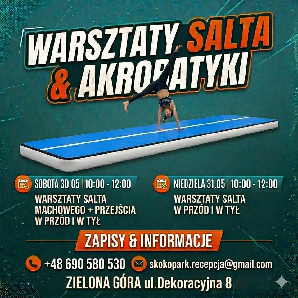 Grafika promocyjna wydarzenia Warsztaty z Akrobatyki w Skokoparku w Zielonej Górze