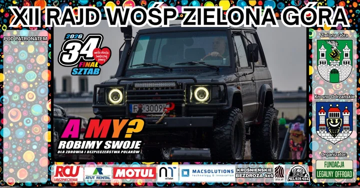 Grafika promocyjna wydarzenia XII Rajd WOŚP Zielona Góra — rajd 4x4 dla Wielkiej Orkiestry