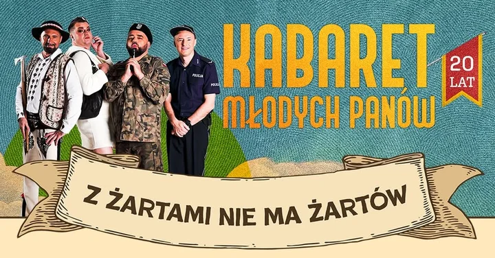 Obrazek przedstawia grafikę promocyjną wydarzenia Kabaret Młodych Panów w Zielonej Górze — premierowy program jubileuszowy