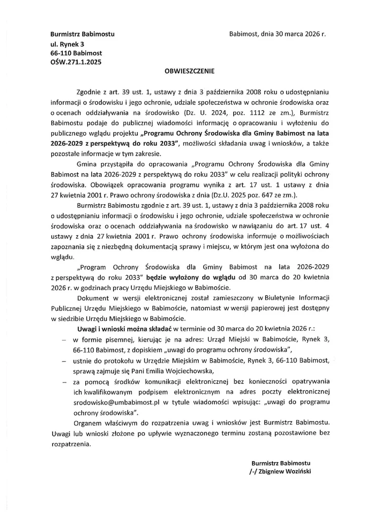 Babimost wydłuża czas na uwagi do programu ochrony środowiska