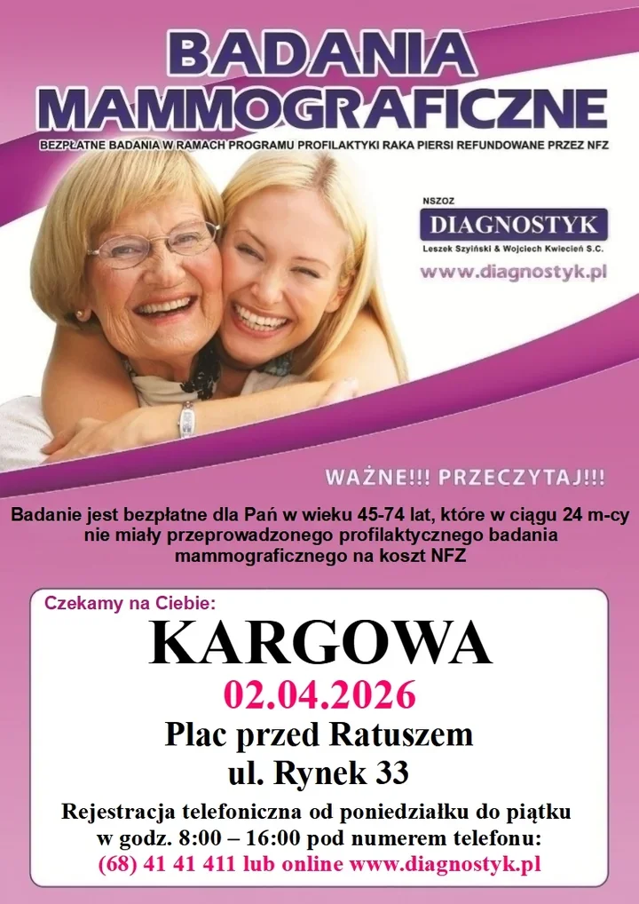 Mammobus przed Urzędem Miejskim – bezpłatne badania mammograficzne dla mieszkanek Kargowej