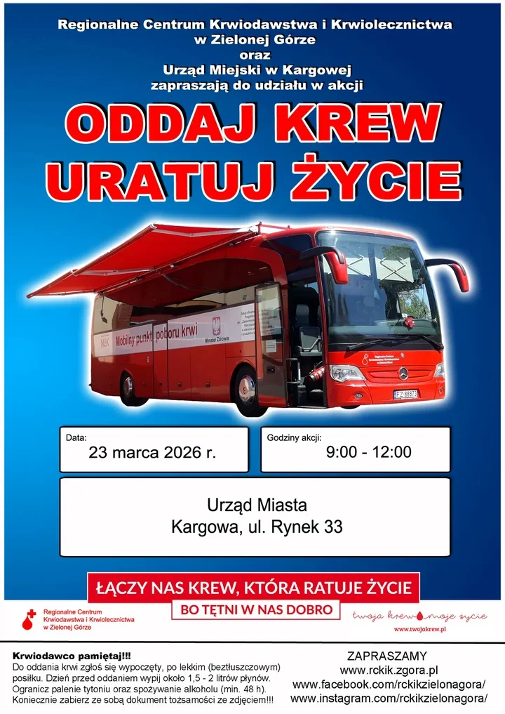 Krwiobus przed Urzędem Miejskim – oddaj krew i podaruj życie