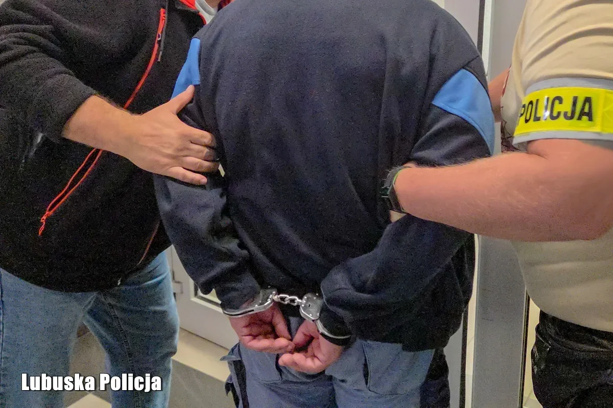 Funkcjonariusz z opaską "POLICJA" prowadzi mężczyznę w kajdankach, wspierany przez inną osobę, w pomieszczeniu oznaczonym przez "Lubuska Policja".
