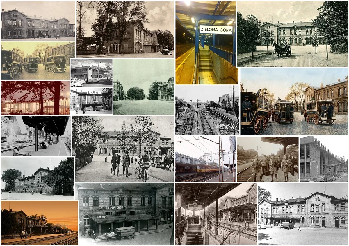 Kolaż historycznych i współczesnych fotografii dworca kolejowego w Zielonej Górze, ukazujący budynki, perony, tory oraz pojazdy i ludzi z różnych epok.
