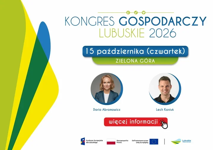 Plakat promujący Kongres Gospodarczy Lubuskie 2026, który odbędzie się 15 października w Zielonej Górze, z portretami dwóch uczestników i logotypami instytucji.