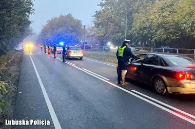 Policjanci w kamizelkach odblaskowych przeprowadzają kontrolę drogową na dwujezdniowej ulicy o zmierzchu.