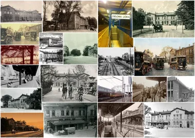 Kolaż historycznych i współczesnych fotografii dworca kolejowego w Zielonej Górze, ukazujący budynki, perony, tory oraz pojazdy i ludzi z różnych epok.