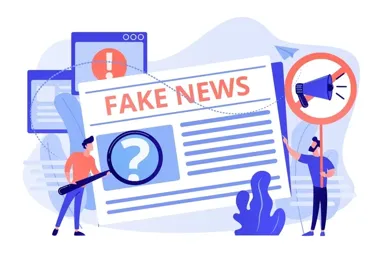 Ilustracja przedstawia dwie postacie przy dużym gazetowym artykule z napisem „FAKE NEWS”, z symbolem zapytania i znakiem zakazu megafonu w tle.