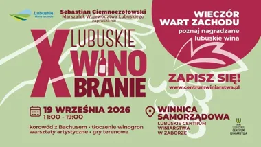 Plakat promujący X Lubuskie Winobranie, które odbędzie się 19 września 2026 roku w Winnicy Samorządowej w Zaborze.