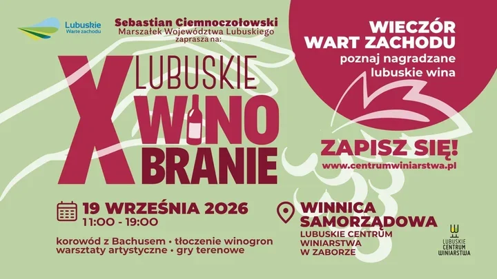 Plakat promujący X Lubuskie Winobranie, które odbędzie się 19 września 2026 roku w Winnicy Samorządowej w Zaborze.
