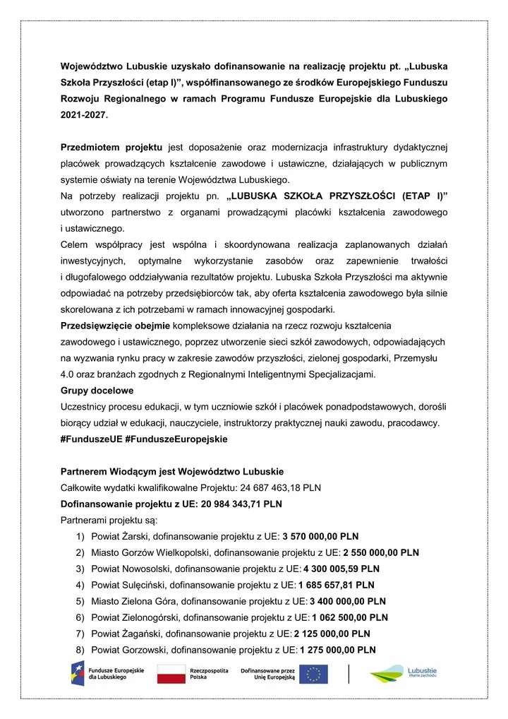 3,4 mln zł dla szkół zawodowych w Zielonej Górze. To część dużego projektu